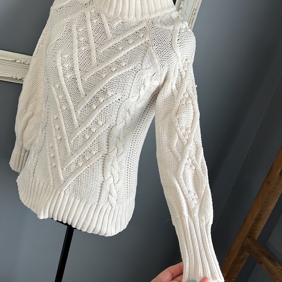 LOFT Women’s Ivory Mock Neck Bobble Pom Cable Knit Sweater Balloon Sleeve Small - Picture 3 of 6